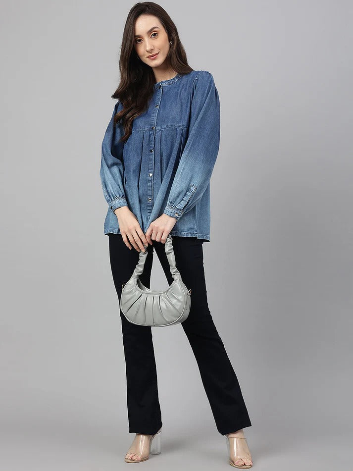 ✨ Sunrise Collection – Women’s Denim Puff Sleeve Button-Down Top ✨