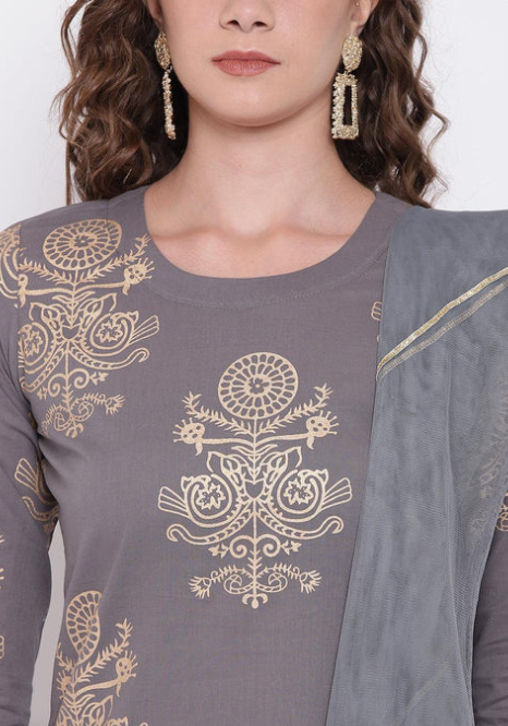 Sunrise Collection Grey Foil Print Cotton Sharara Set with Net Dupatta