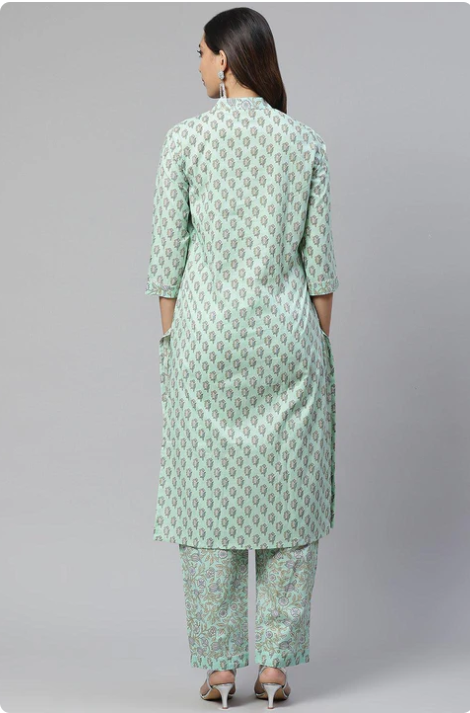 Sunrise Collection Sea Green Cotton Printed Kurti Pant Set