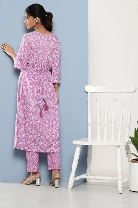 Sunrise Collection Purple Gethered Floral Printed Kurta Pant Sets