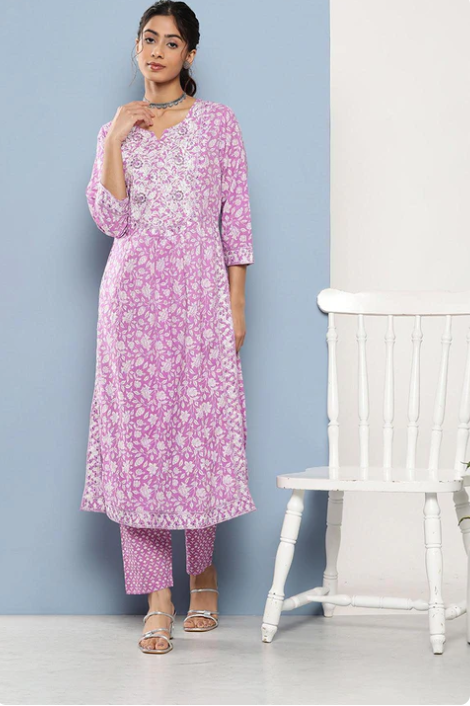 Sunrise Collection Purple Gethered Floral Printed Kurta Pant Sets