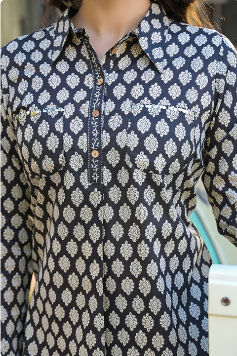 Sunrise Collection Black Ethnic Printed Cotton Fabric Shirt Kurta With Trouser