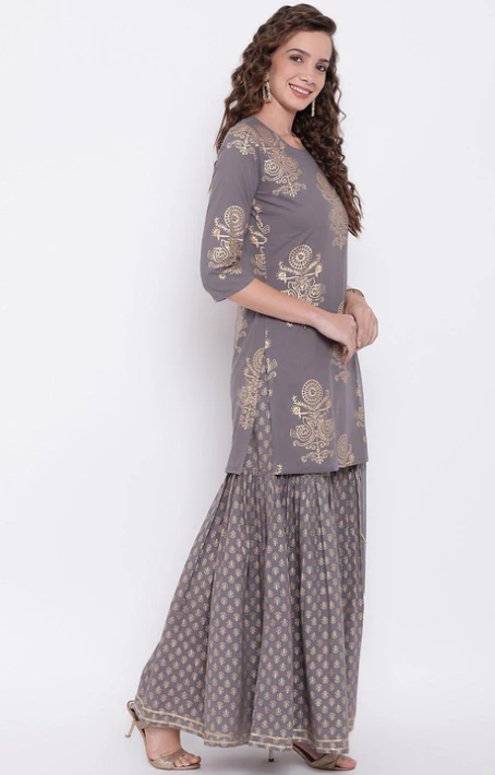 Sunrise Collection Grey Foil Print Cotton Sharara Set with Net Dupatta