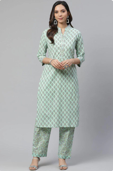 Sunrise Collection Sea Green Cotton Printed Kurti Pant Set
