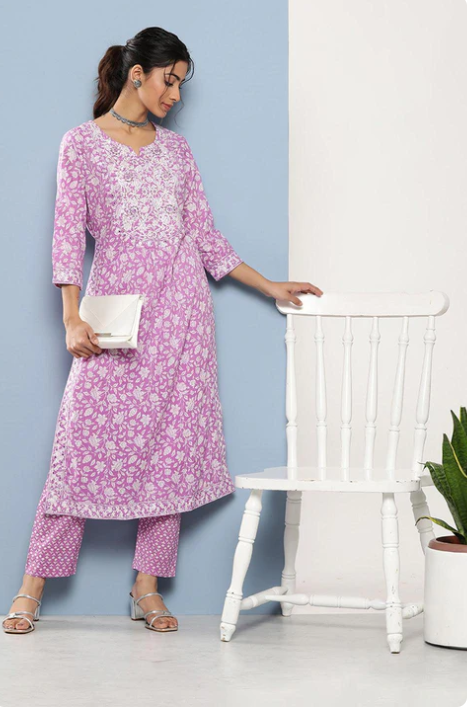 Sunrise Collection Purple Gethered Floral Printed Kurta Pant Sets
