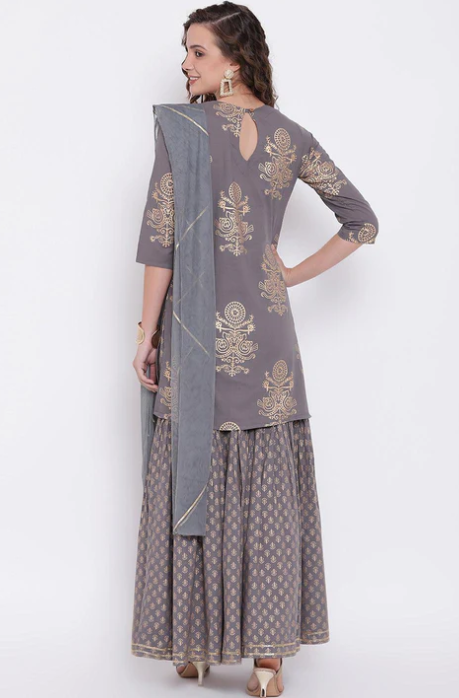 Sunrise Collection Grey Foil Print Cotton Sharara Set with Net Dupatta