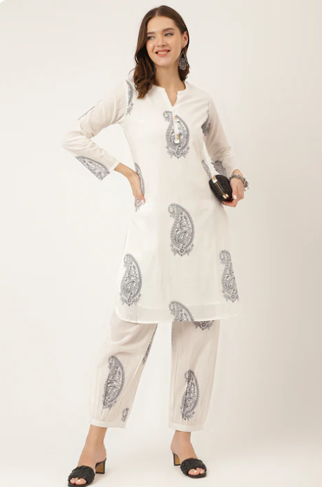 Sunrise Collection White Paisley Print Cotton Co-ord Set with Mulmul Cotton Lining