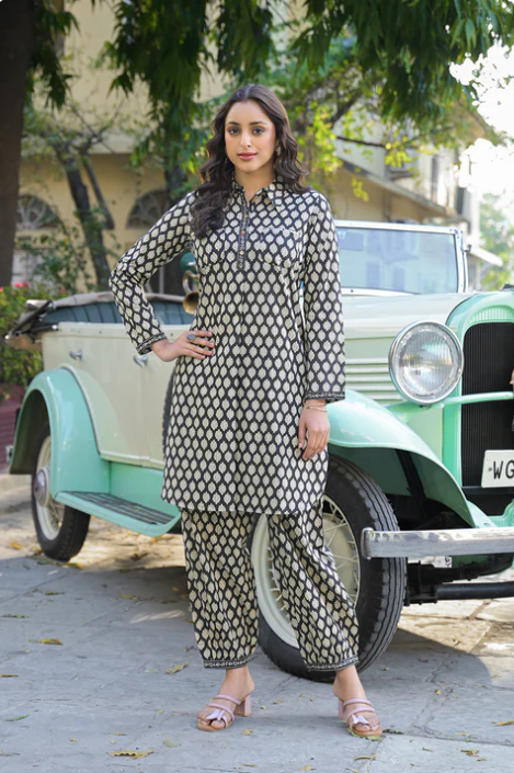 Sunrise Collection Black Ethnic Printed Cotton Fabric Shirt Kurta With Trouser