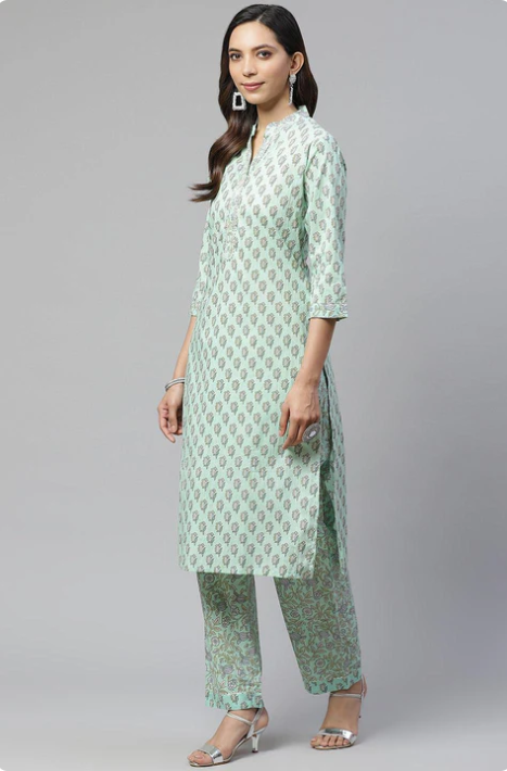 Sunrise Collection Sea Green Cotton Printed Kurti Pant Set