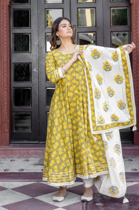 Sunrise Collection Mustard Cotton Anarkali Kurta Pant Set With Dupatta