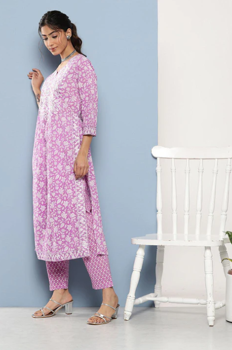 Sunrise Collection Purple Gethered Floral Printed Kurta Pant Sets