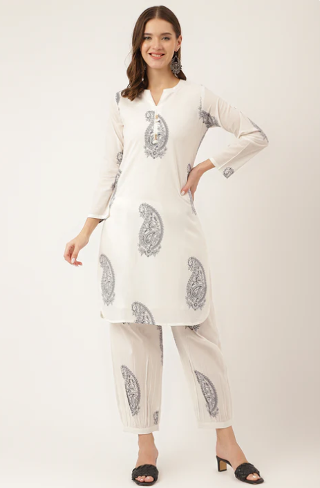 Sunrise Collection White Paisley Print Cotton Co-ord Set with Mulmul Cotton Lining