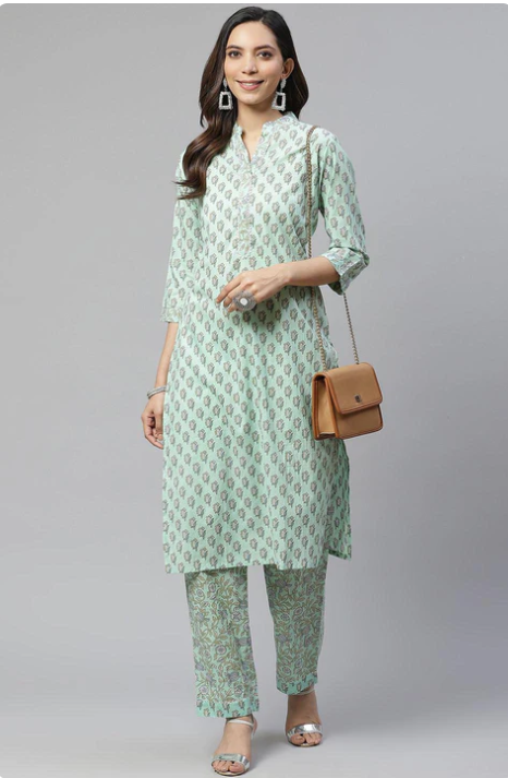 Sunrise Collection Sea Green Cotton Printed Kurti Pant Set