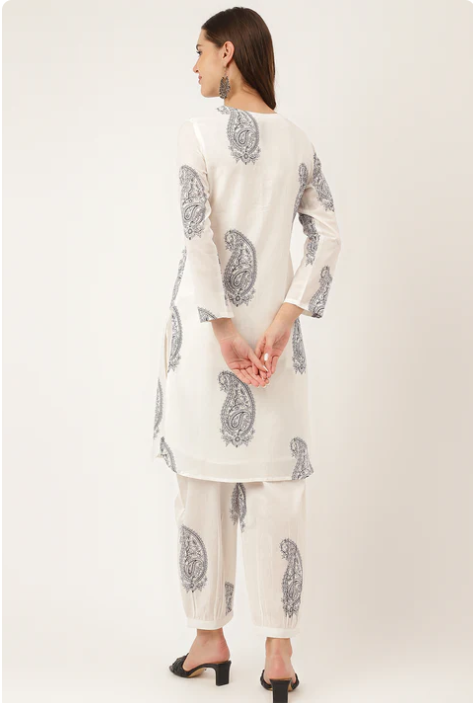 Sunrise Collection White Paisley Print Cotton Co-ord Set with Mulmul Cotton Lining