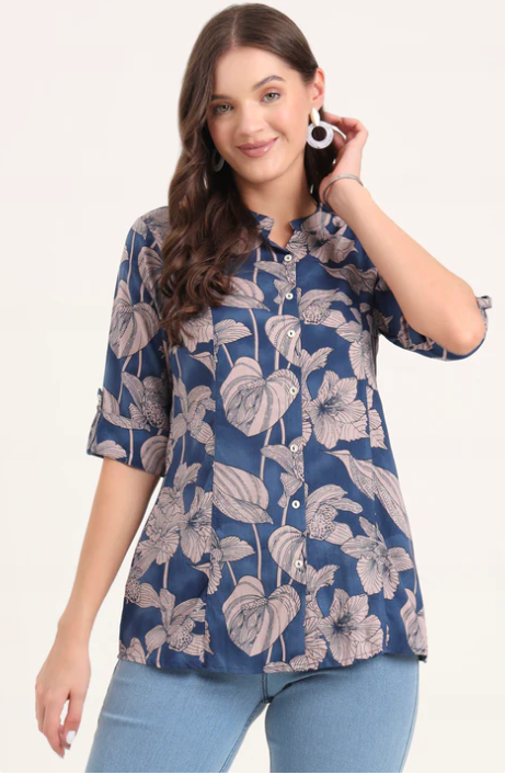 Sunrise Collection Navy Blue Rayon Rollup Sleeves A-Line Top