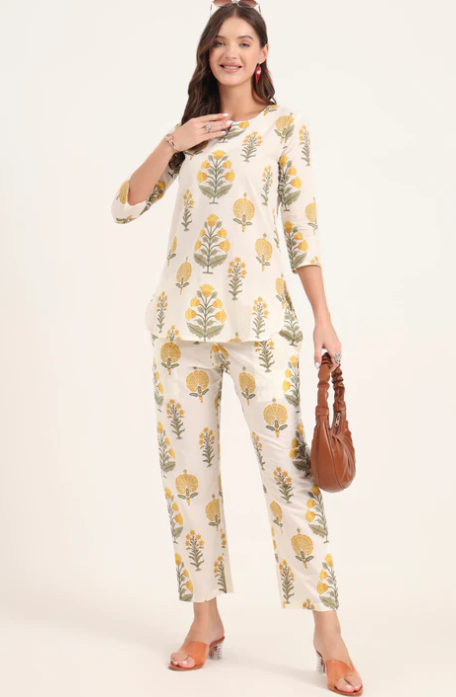 Sunrise Cream Printed Cotton Night Suit Sets