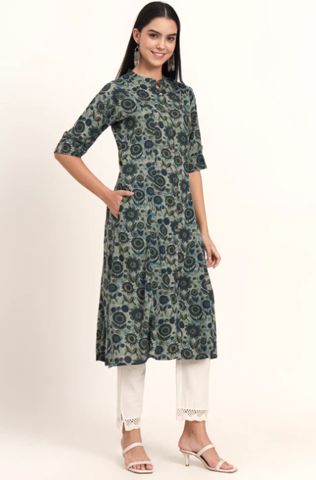 Sunrise Collection Grey Floral Rayon A-Line Kurta