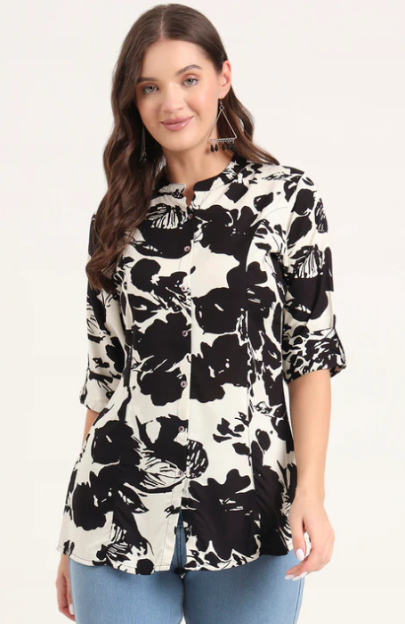 Sunrise Collection Black Rayon Rollup Sleeves A-Line Top
