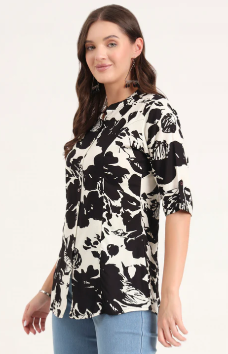Sunrise Collection Black Rayon Rollup Sleeves A-Line Top