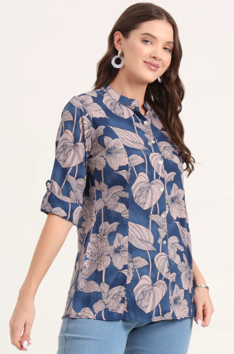 Sunrise Collection Navy Blue Rayon Rollup Sleeves A-Line Top