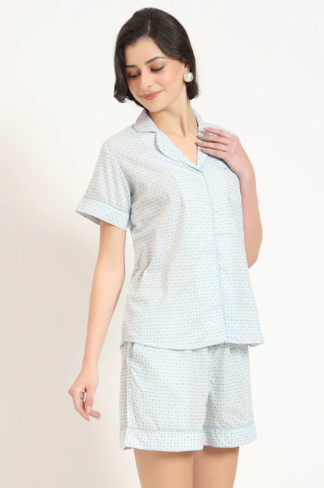 Sunrise Collection Grey Printed Cotton Shirt with Shorts Night suit