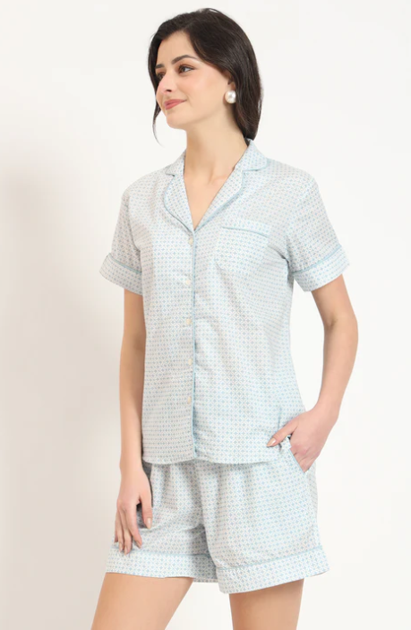 Sunrise Collection Grey Printed Cotton Shirt with Shorts Night suit