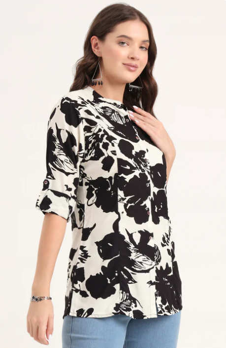 Sunrise Collection Black Rayon Rollup Sleeves A-Line Top