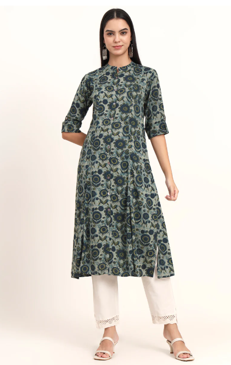 Sunrise Collection Grey Floral Rayon A-Line Kurta