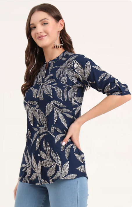 Sunrise Collection Navy Blue Rayon Rollup Sleeves A-Line Top