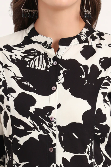 Sunrise Collection Black Rayon Rollup Sleeves A-Line Top