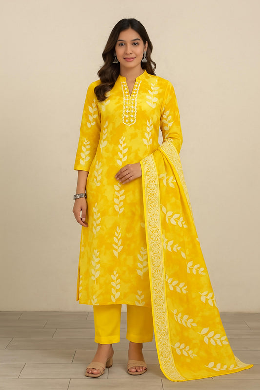 Sunrise Collection Yellow Leaf Print Pure Cotton Suit Set