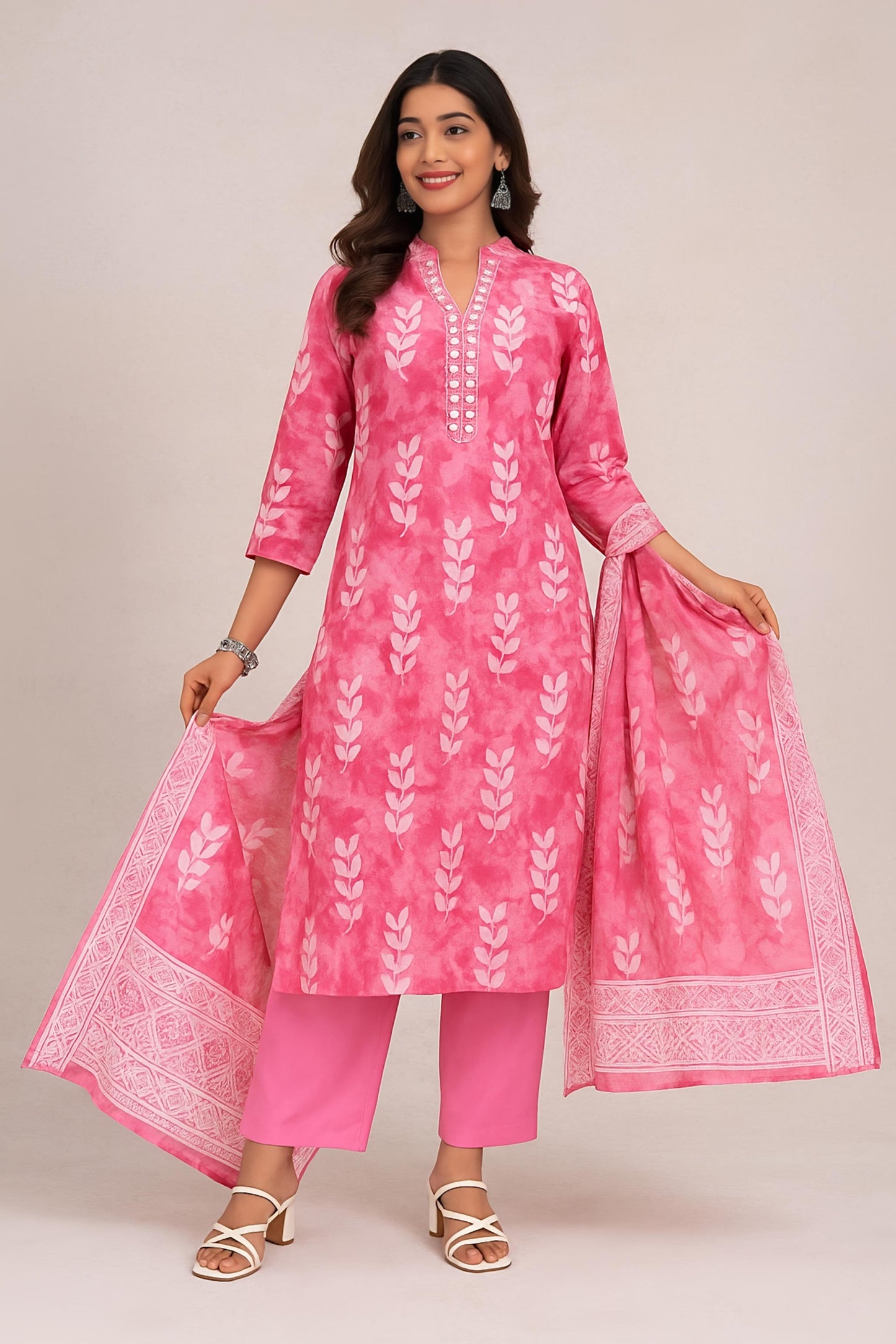 Sunrise Collection Pink Leaf Print Pure Cotton Suit Set