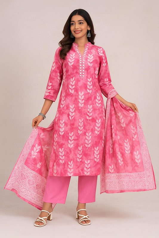 Sunrise Collection Pink Leaf Print Pure Cotton Suit Set