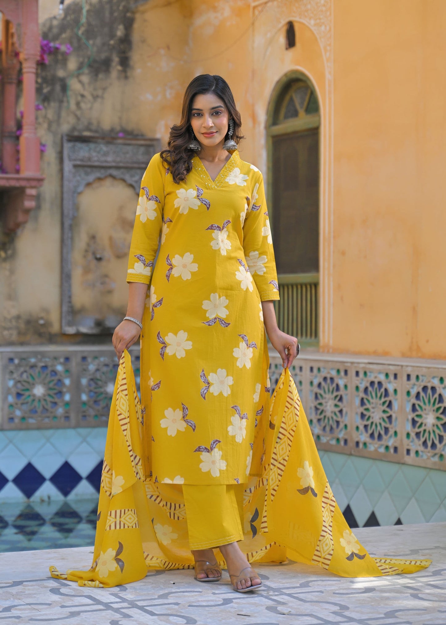 Sunrise Collection Yellow Floral Print Pure Cotton Suit Set