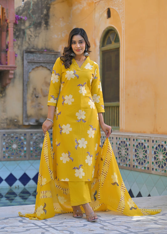 Sunrise Collection Yellow Floral Print Pure Cotton Suit Set