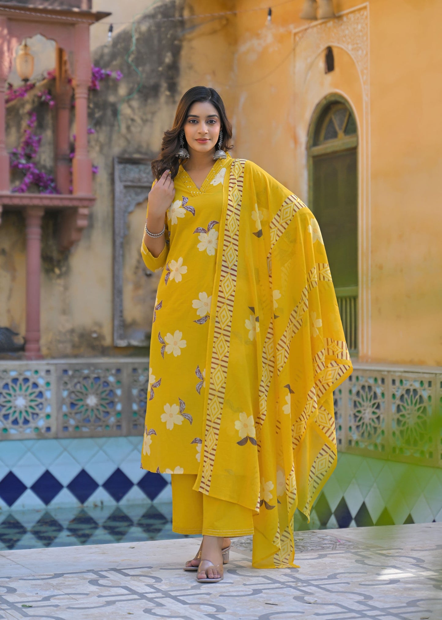 Sunrise Collection Yellow Floral Print Pure Cotton Suit Set