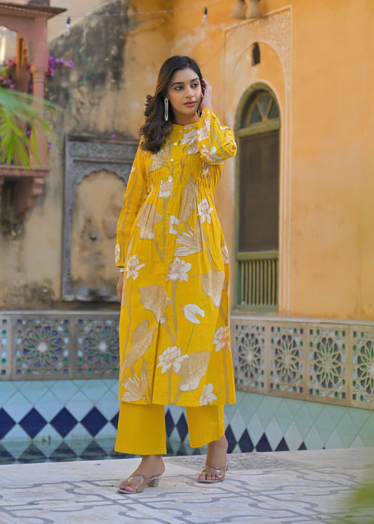 Sunrise Collection Yellow Floral Print Pure Cotton Kurta Set