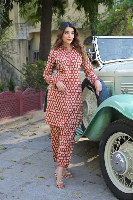 Sunrise Collection Red Ethnic Printed Cotton Fabric Shirt Kurta With Trouser