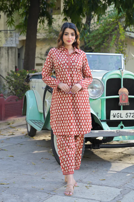 Sunrise Collection Red Ethnic Printed Cotton Fabric Shirt Kurta With Trouser