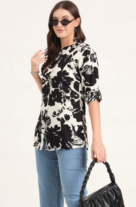 Sunrise Collection Black Rayon Rollup Sleeves A-Line Top