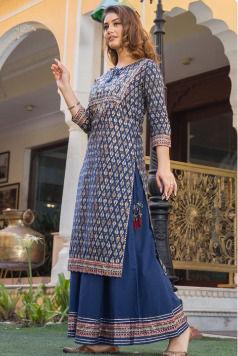 Sunrise Collection Navy Blue Cotton Gota Patti Palazzo Set