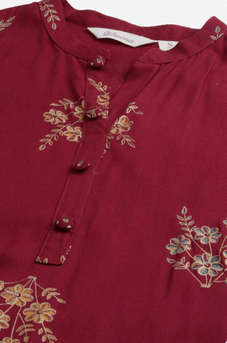 Sunrise Collection Maroon Rayon Kurta Pant Set with kota doria Dupatta