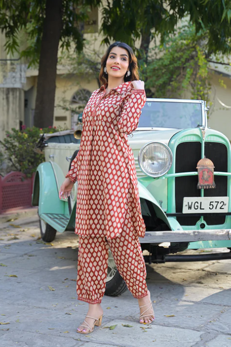 Sunrise Collection Red Ethnic Printed Cotton Fabric Shirt Kurta With Trouser