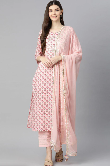 Sunrise Collection Pink Cotton Straight Kurta Pant Set With Dupatta
