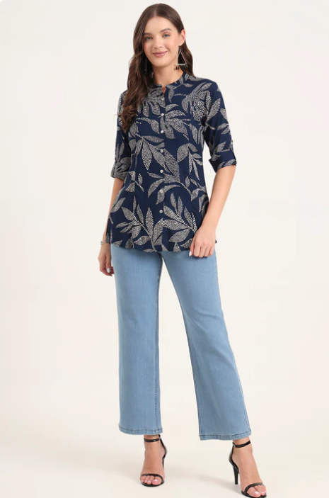 Sunrise Collection Navy Blue Rayon Rollup Sleeves A-Line Top