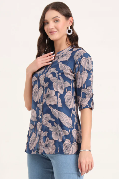 Sunrise Collection Navy Blue Rayon Rollup Sleeves A-Line Top