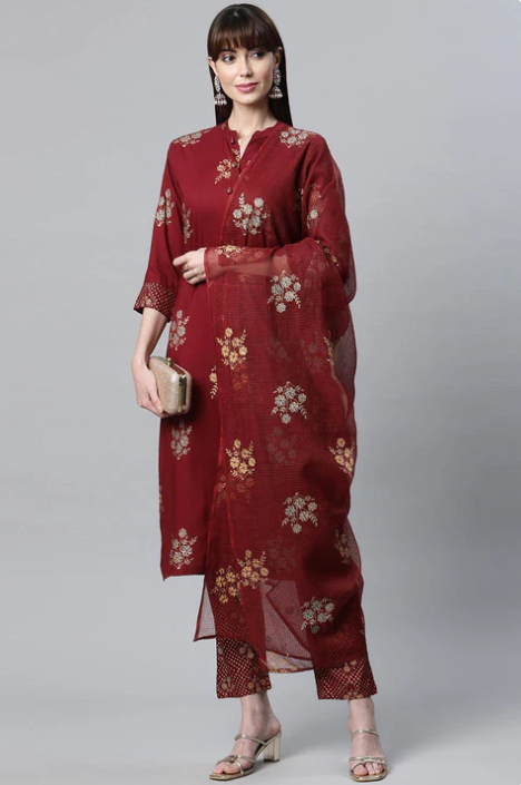 Sunrise Collection Maroon Rayon Kurta Pant Set with kota doria Dupatta