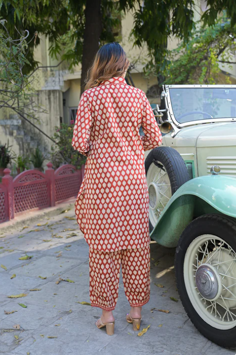 Sunrise Collection Red Ethnic Printed Cotton Fabric Shirt Kurta With Trouser