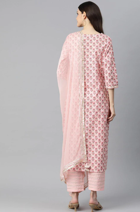Sunrise Collection Pink Cotton Straight Kurta Pant Set With Dupatta