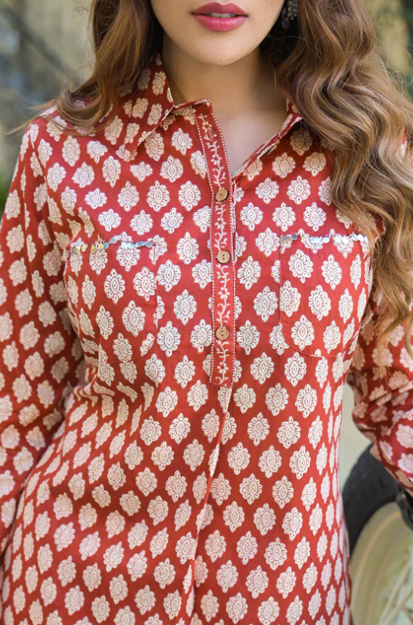 Sunrise Collection Red Ethnic Printed Cotton Fabric Shirt Kurta With Trouser